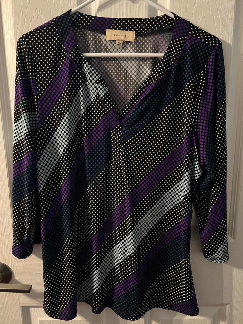 Dana Buchman V-Neck Polka Dot & Diagonal Stripe Blouse - Black, Purple, Gray